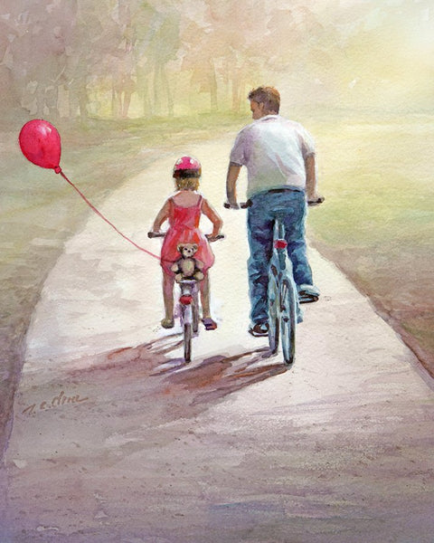 Father and Daughter Bicycling with a red balloon - Art Print of Original watercolor