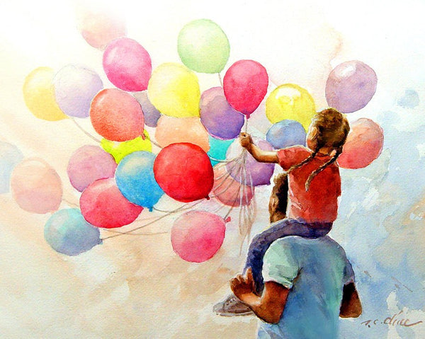 Art Print of  Watercolor painting - Father and Daughter holding Balloons