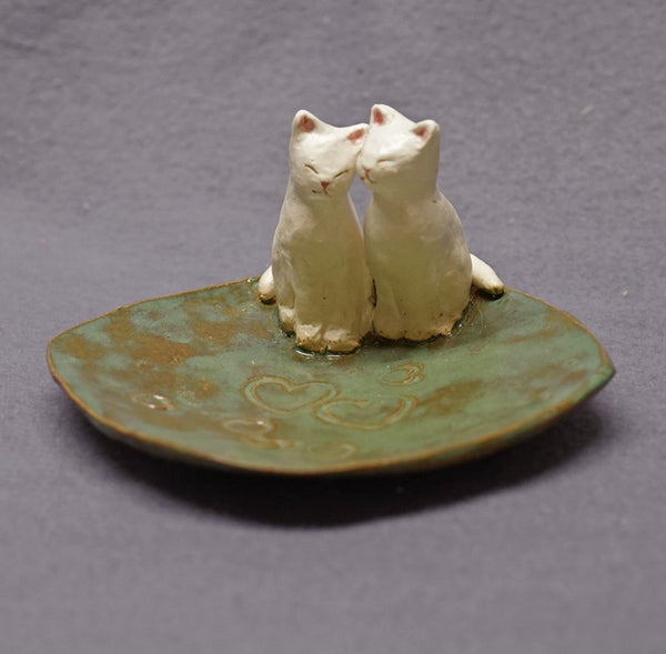 Handmade Ceramic Dish with Two Cats - Trinket Holder, Ring Holder, Jewelry Holder, Wedding Gift,  Anniversary Gift, Ceramic Art,