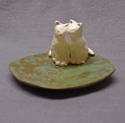 Handmade Ceramic Dish with Two Cats - Trinket Holder, Ring Holder, Jewelry Holder, Wedding Gift,  Anniversary Gift, Ceramic Art,