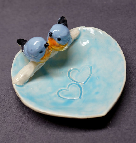 Ceramic Bird Dish, Ring Holder, Catch-All, Candle Holder, Jewelry Dish, Love Birds, Blue , Romantic, Wedding Gift, Valentine's day