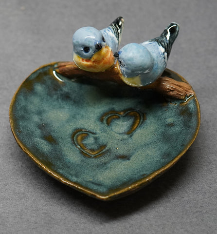 Ceramic Bird Dish, Ring Holder, Catch-All, Jewelry Dish, Blue Love Birds, Pink Flowers, Romantic, Wedding Gift, Valentine's day