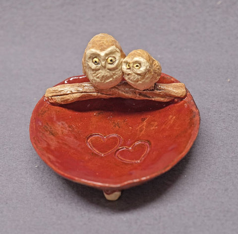 Handmade Ceramic Dish with Tow Owls - Trinket Holder, Ring Holder, Jewelry Holder, Ceramic Owl,  Ceramic Art,Wedding, Valentine's day