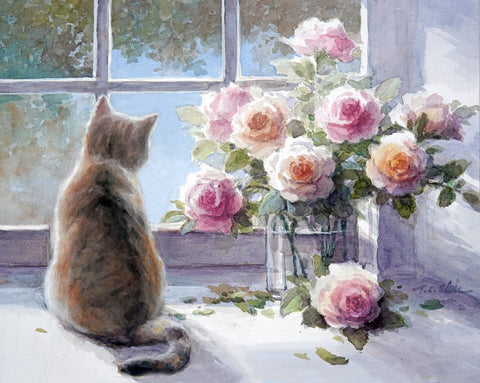 Cat- Roses  - Art Print of Watercolor Painting - Gift for Cat Lovers