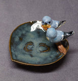 Ceramic Bird Dish, Ring Holder, Catch-All, Jewelry Dish, Blue Love Birds, Pink Flowers, Romantic, Wedding Gift, Valentine's day