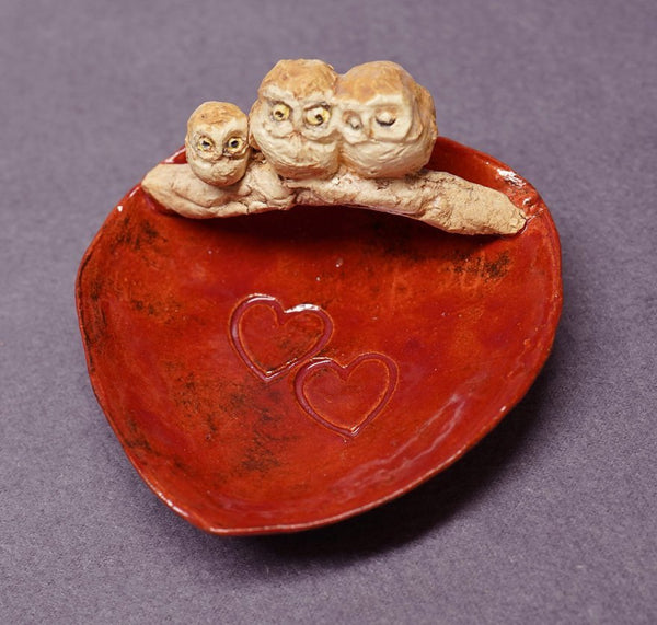 Handmade Ceramic Dish with an Owl Family - Trinket Holder, Ring Holder, Jewelry Holder, Ceramic Owl,  Ceramic Art,