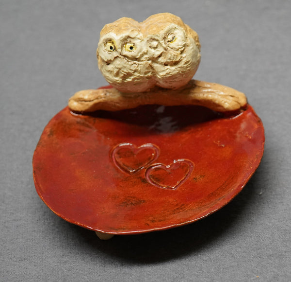 Handmade Ceramic Dish with Tow Owls - Trinket Holder, Ring Holder, Jewelry Holder, Ceramic Owl,  Ceramic Art,Wedding, Valentine's day