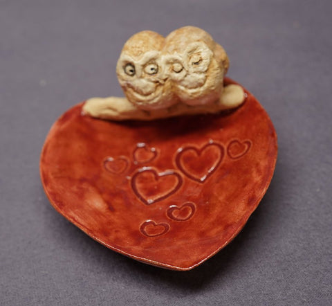 Handmade Ceramic Dish with Tow Owls - Trinket Holder, Ring Holder, Jewelry Holder, Ceramic Owl,  Ceramic Art,Wedding, Valentine's day