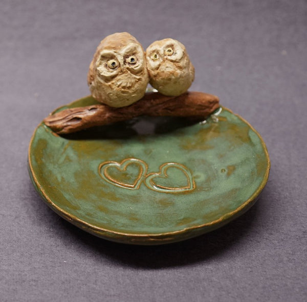 Handmade Ceramic Dish with Tow Owls - Trinket Holder, Ring Holder, Jewelry Holder, Ceramic Owl,  Ceramic Art,Wedding, Valentine's day