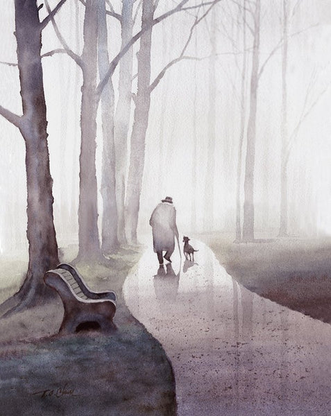 Original Watercolor Archival Print - Man, Dog, Park, Friends, Companion, Father's day