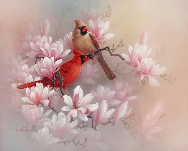 Cardinals and Magnolia Art Print of Painting  - Flowers Birds Chinese Asian Oriental Style