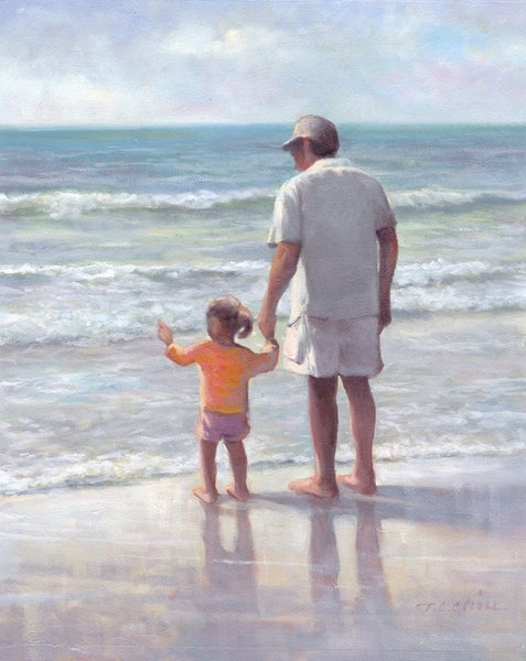 Original Watercolor Archival Print, Father and Daughter, Girl, Man, Beach, Childhood, Father's Day