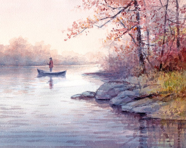 Fishing Art Print of Watercolor Painting  - lake, trees, nature lovers gift