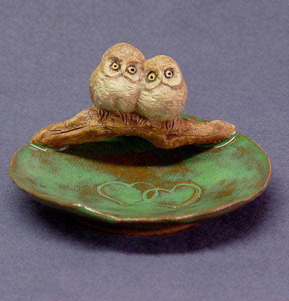 Handmade Ceramic Dish with Tow Owls - Trinket Holder, Ring Holder, Jewelry Holder, Ceramic Owl,  Ceramic Art,Wedding, Valentine's day