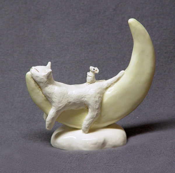 Handmade Ceramic Cat on the Moon with a Mouse on its Back, Cat Figurine, Cat Sculpture, Animal Art,  Ceramic Art  Ceramic Mouse