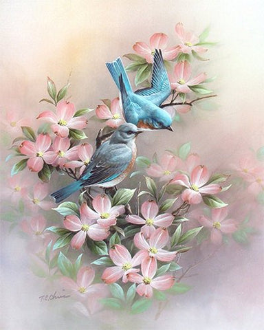 Blue Bird Art Print of Watercolor Painting, Dogwood Flowers