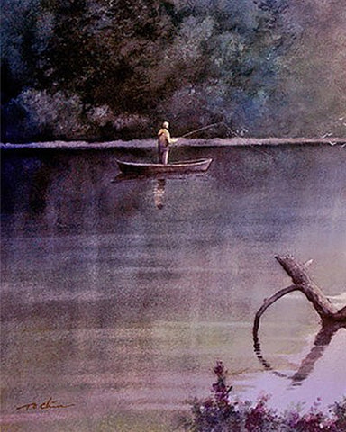 Morning Fishing Art Print of Watercolor Painting  - Lake, Forest, Nature, Serene Man Fishing