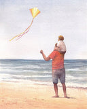 Father and Son Flying a Kite Art Print of Watercolor Painting - Beach Nautical Themed, Nursery Boys Room