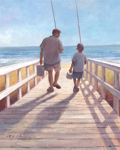 Father and Son - Go Fishing Art Print of Watercolor Painting - beach, ocean, nautical