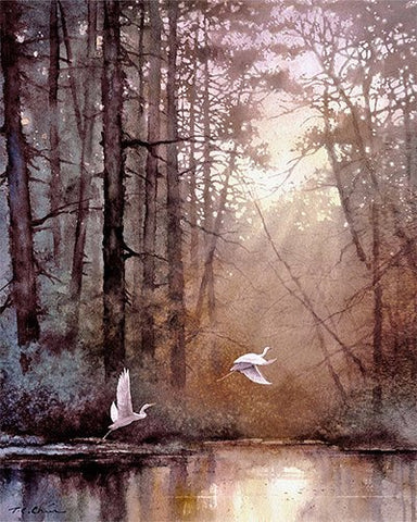 Wildlife Art Print of Watercolor Painting - Birds, Egrets, Trees, Lake, Sunrise