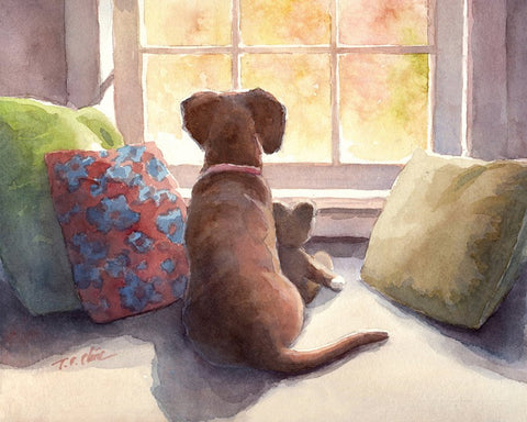 A Dog and its Companion  Art print of Watercolor Painting -  Pet, Boy's Room, Girl's Room, Friendship, Childhood, Companion