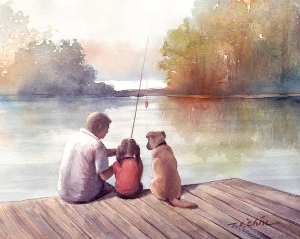 Father and Daughter Art Print of Watercolor Painting,Girl, Dog, Friend, Fishing, Child, Childhood, Friend, Friendship, Girl's Room