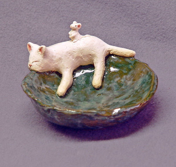 Handmade Ceramic Cat & Mouse Trinket Bowl Ring Holder catch all, soap dish candle holder