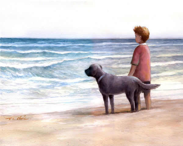 Boy and His Dog Friend  Art print of Watercolor Painting -  Child, Pet, Boy's Room, Friendship, childhood, Companion, Beach